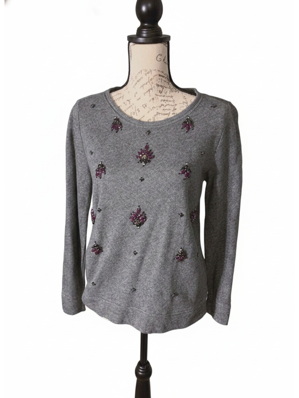 LOFT Gray Embellished Long Sleeve Sweater